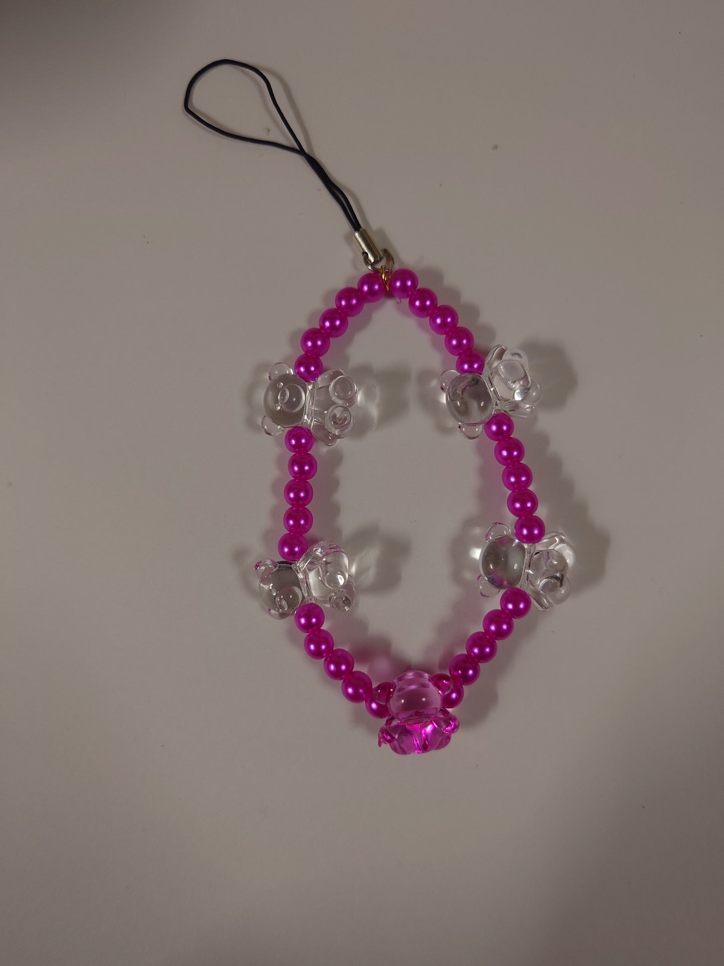 携帯ストラップ くま マゼンタ パール ハンドメイド